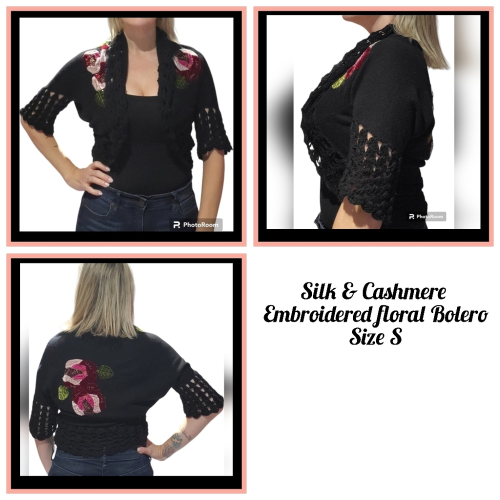 Silk & Cashmere Black Embroidered Floral Applicay & Crochet Trim bolero size S